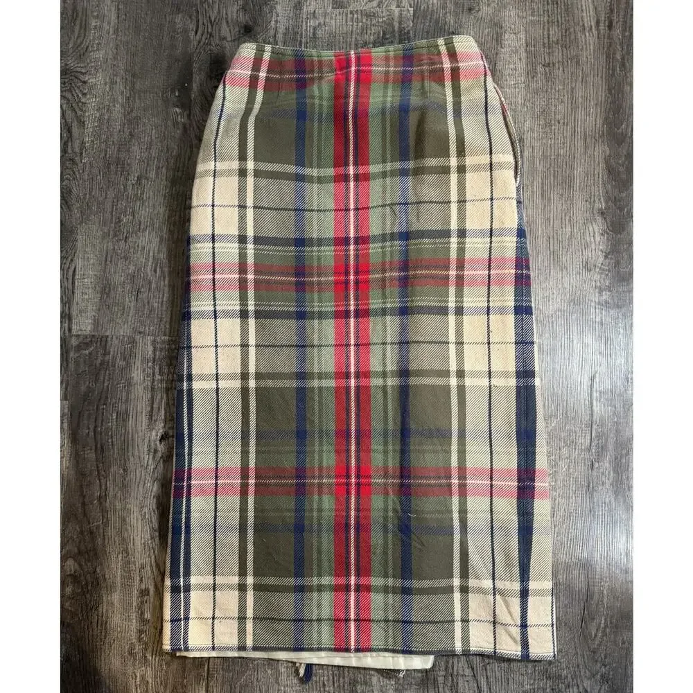 Vintage Liz Claiborne Plaid Wrap Skirt Green Red Fringe Academia Size 4 Holiday